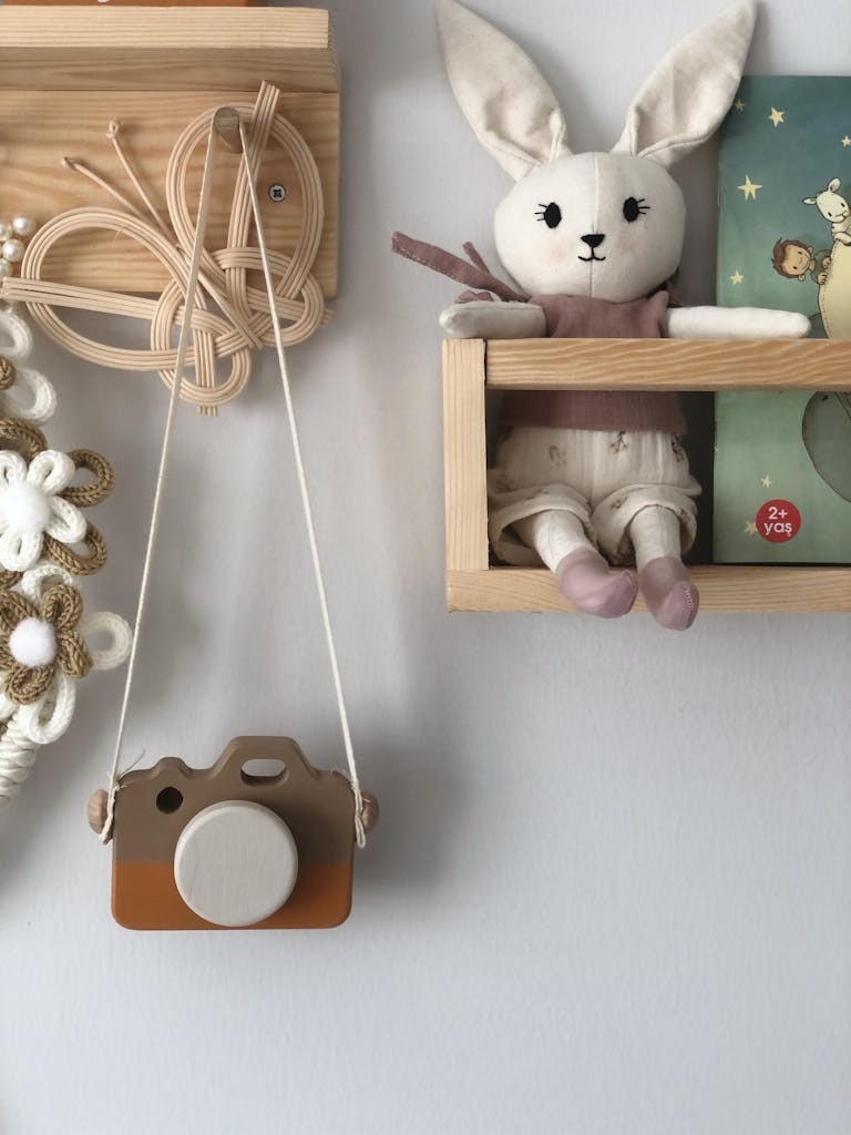 Charming nursery wall decor featuring a plush bunny toy, wooden camera, and children's book.
